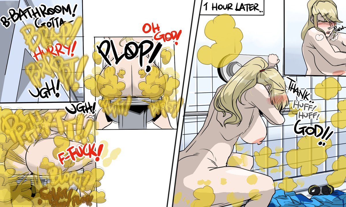 big breasts, breasts, bubble butt, fart, fart cloud, fart fetish, farting, female, implied scat, kira104, metroid, naked, naked female, samus aran, sweaty, toilet, toilet use, zero suit
