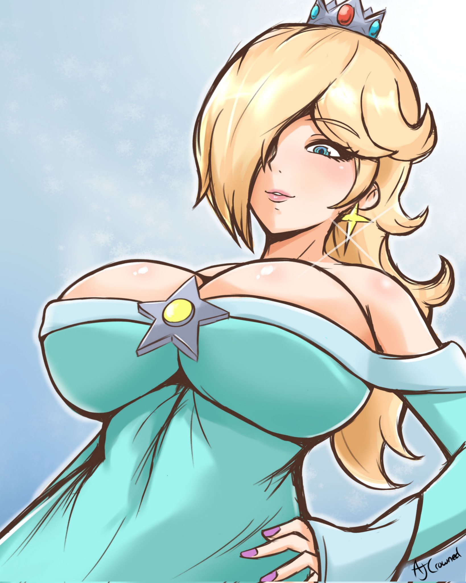 1girls, ajcrowned, artist name, bare shoulders, big breasts, blonde hair, blue dress, blue eyes, breast focus, breasts, breasts focus, busty, casual nudity, cleavage, clothed, crown, dress, earrings, female, female focus, female only, hair covering eye, hair over one eye, half-closed eyes, hand on hip, hand on own hip, huge breasts, large breasts, light skin, light-skinned female, long hair, mario (series), mature, mature female, milf, narrowed eyes, nintendo, no bra, princess rosalina, purple nails, revealing clothes, silver crown, solo, solo female, solo focus, strapless dress, super mario galaxy, teasing
