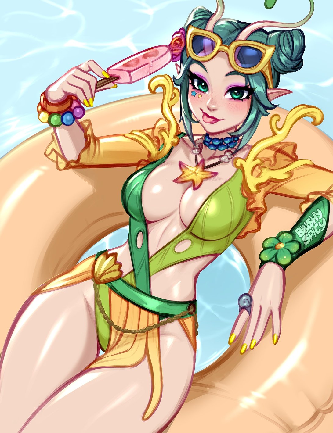 1girls, 2d, blush, blushypixy, blushyspicy, breasts, clothed, female, flower, flower in hair, green eyes, green hair, green swimsuit, mantis (marvel rivals), mantis (marvel), mantis (oceanic harmony), marvel, marvel comics, marvel rivals, small breasts, sunglasses, sunglasses on head, tounge out