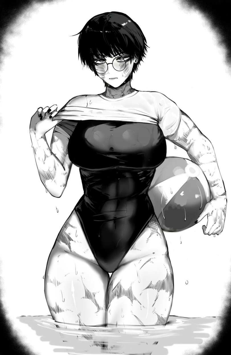 beachball, big breasts, breasts, clothing, female, jujutsu kaisen, maki zenin, masoq095, partially submerged, scars, solo, swimsuit, tagme, thick thighs, topwear, water, zenin maki