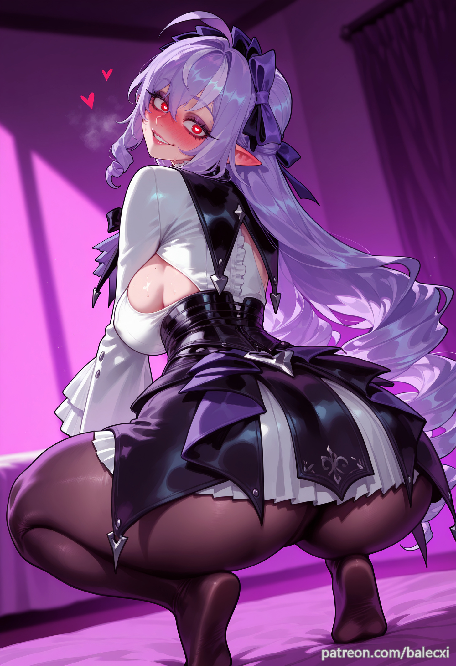 ahoge, ai generated, balecxi, blush, breasts, feet, female, from behind, hoyoverse, huge ass, large breasts, long hair, long sleeves, looking at viewer, looking back, no shoes, pantyhose, pointy ears, purple hair, red eyes, sideboob, smile, solo, squatting, vivian banshee, zenless zone zero