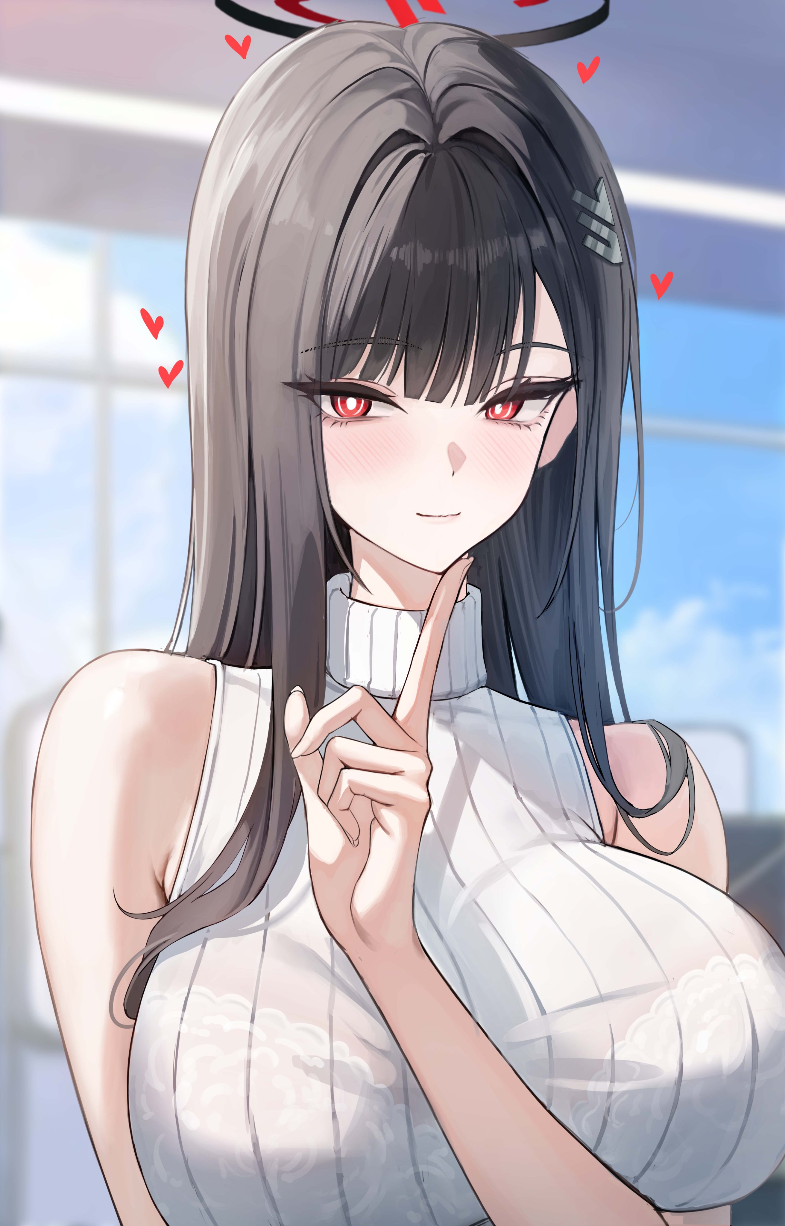absurdres, bare shoulders, black halo, blue archive, blush, bra, breasts, bright pupils, closed mouth, commentary request, day, female, halo, hand up, highres, indoors, lace trim, lace-trimmed bra, large breasts, long hair, looking at viewer, multicolored halo, red eyes, red halo, rio (blue archive), sab (sab2500), see-through clothes, sleeveless, solo, two-tone halo, underwear, very long hair, white bra