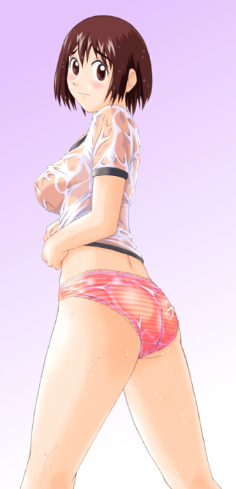 1girls ass ayase_fuuka blush bottomless breasts brown_eyes brown_hair clothing female fuuka_ayase lace-trimmed_panties looking_back no_pants panties red_panties see-through see-through_clothing shirt short_hair sideboob solo standing striped striped_panties underwear wet wet_clothes wet_panties wet_shirt yotsuba&!