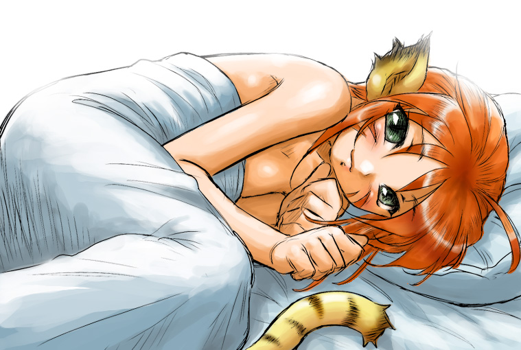 1girls bed blanket breath_of_fire breath_of_fire_ii cat_ears cat_tail catgirl dr.p female female_only katt looking_at_viewer nekomimi on_bed on_side orange_hair pillow rinpoo_chuan simple_background tail white_background