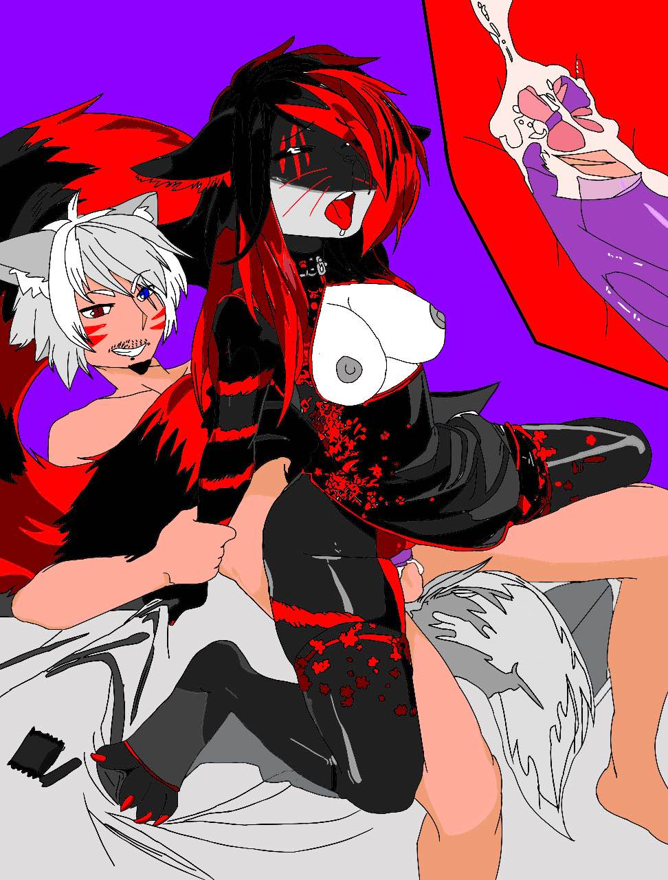 1boy ahe_gao black_fur broken_condom chinese_clothes cum_in_pussy dominant_male ejaculation female furry furry_female girl_on_boy nekitagamer oc original_character red_hair reverse_cowgirl_position twitch vaginal_sex vegetavt virtual_youtuber vtuber vtuberfanart vtubers