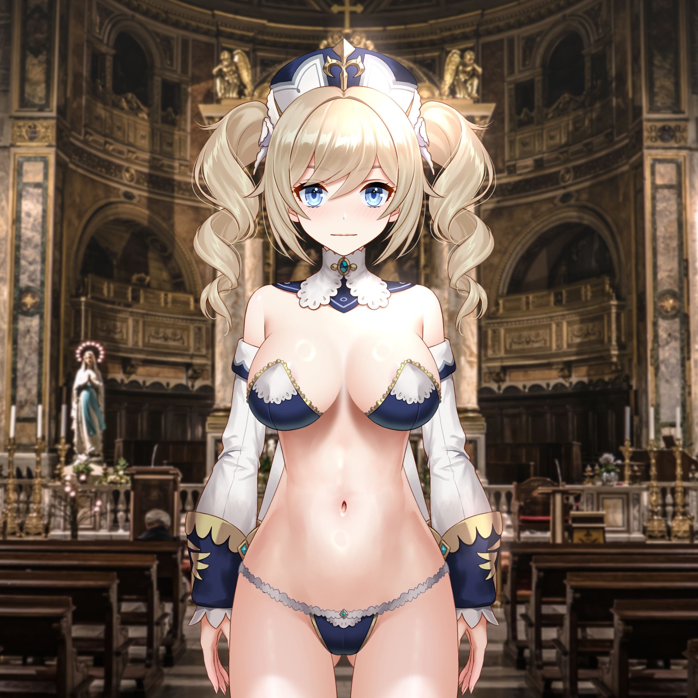 1girls, 3d, barbara (genshin impact), big breasts, bikini, blonde hair, blue eyes, breasts, busty, cleavage, consome2021, drill hair, female, female only, genshin impact, hi res, large breasts, legs, looking at viewer, navel, smile, solo, thighs, twin drills, voluptuous