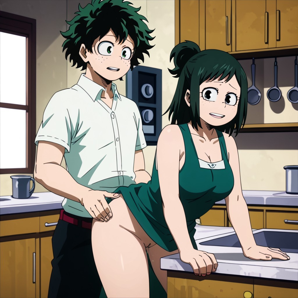 1boy 1girls ai_generated bending_over boku_no_hero_academia clothed clothed_sex clothes_lift doggy_style dress female green_hair immediate_sex imminent_sex incest inko_midoriya izuku_midoriya kitchen mother mother_and_son my_hero_academia naked_apron pussy pussy_juice pussy_juice_drip son