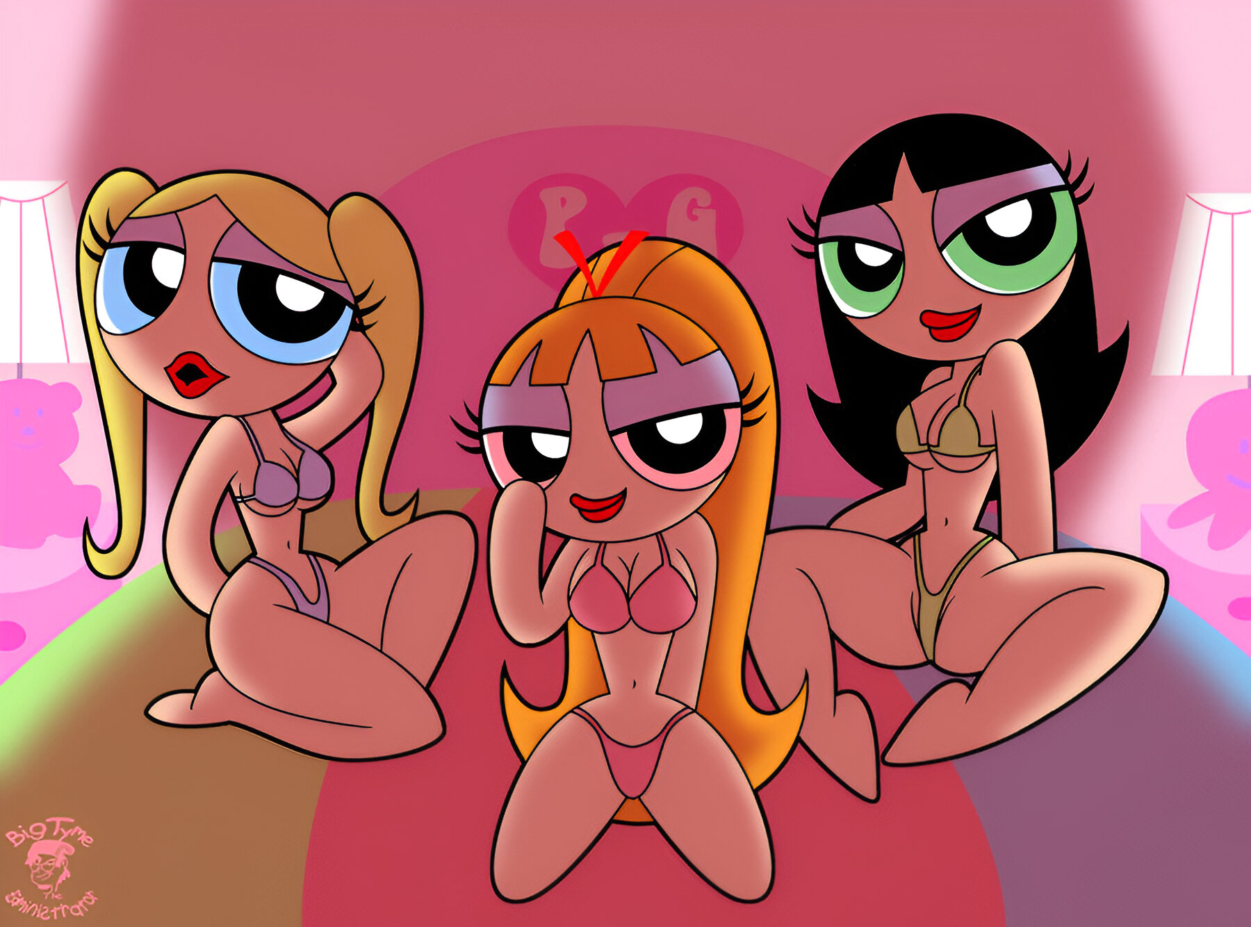artstyle imitation, bigtyme, black hair, blonde hair, blossom (powerpuff girls), blue eyes, bubbles (powerpuff girls), buttercup (powerpuff girls), female, green eyes, lingerie, orange hair, pink eyes, powerpuff girls