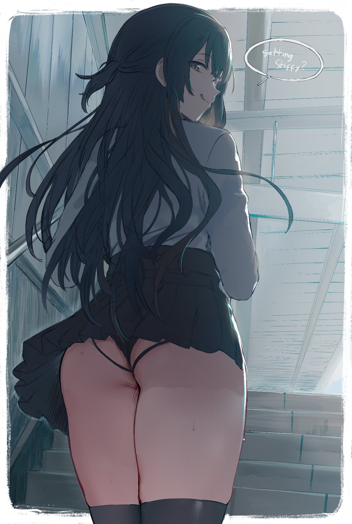 1girls ass english_text female hews hews_hack long_hair looking_at_viewer looking_back looking_back_at_viewer rear_view skirt solo solo_female stairs suou_yuki thighhighs tokidoki_bosotto_russian_de_dereru_tonari_no_alya-san upskirt very_long_hair