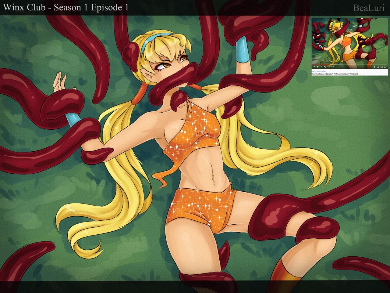 1girls 4kids_entertainment bealuri blonde_hair breasts brown_eyes clothing fairy female katrinkuroi long_hair nickelodeon rainbow_(animation_studio) red_tentacles redraw restrained spread_legs tentacle tentacle_gag twintails winx_club