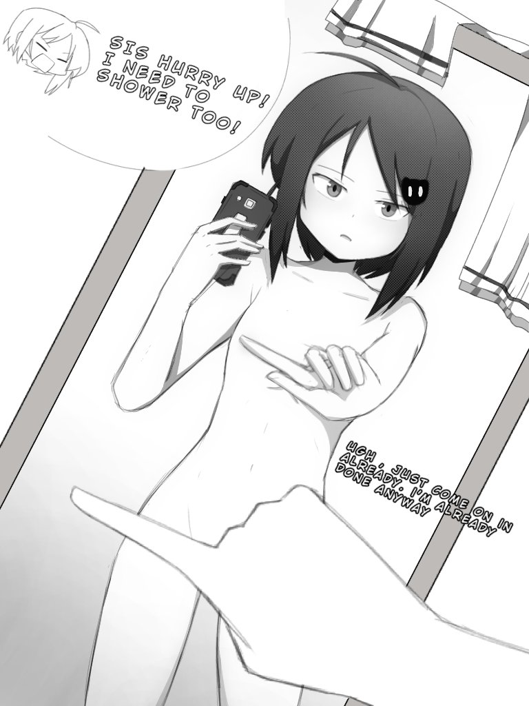 1boy 1girls black_and_white casual female hikaru_shimoto male mirror monochrome selfie small_breasts solo tagme vagina zukafu_shimoto zukafu_shimoto_(character)