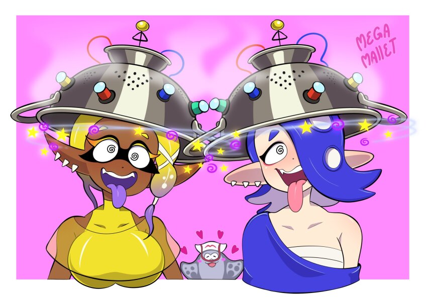 2girls antenna bare_shoulders before_and_after big_man_(splatoon) blonde_hair blue_hair breasts collarbone dark_skin dazed electricity elf_ears femsub frye_(splatoon) heart helmet inkling large_breasts light_skin megamallet mind_control multiple_girls multiple_subs nintendo octoling open_mouth shiver_(splatoon) signature simple_background smile spiral_eyes splatoon splatoon_(series) splatoon_3 steam symbol_in_eyes tech_control tongue tongue_out unfocused_eyes wires