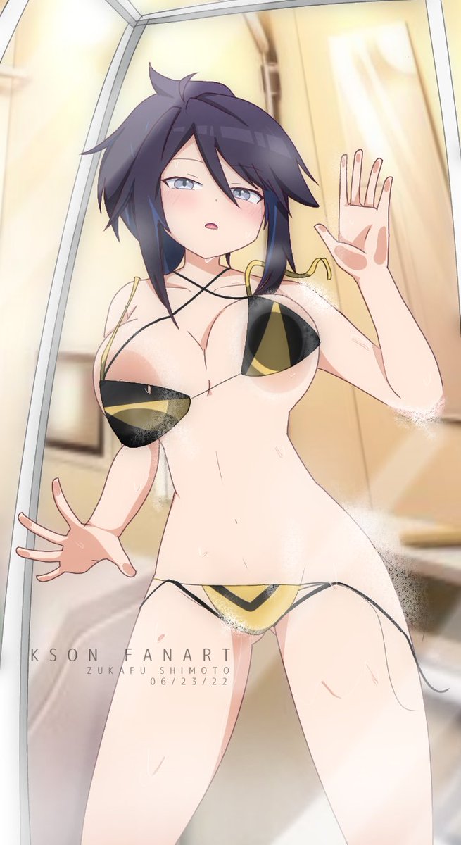 1girls against_glass bikini breasts breasts_on_glass dark dark_hair female female_only hair indie_virtual_youtuber kson_onair looking_at_viewer loose_clothes pressed_on_glass shower vagina virtual_youtuber vshojo wardrobe_malfunction wet wet_body zukafu_shimoto