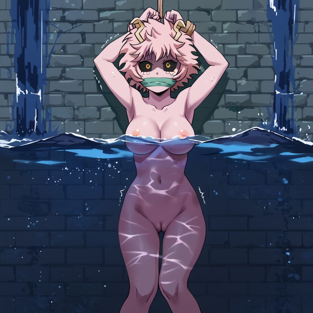 ai_generated arms_above_head bondage bound_wrists breasts gag gagged looking_at_viewer mina_ashido my_hero_academia nude partially_submerged peril pink_hair pink_skin pussy tape_gag yellow_eyes