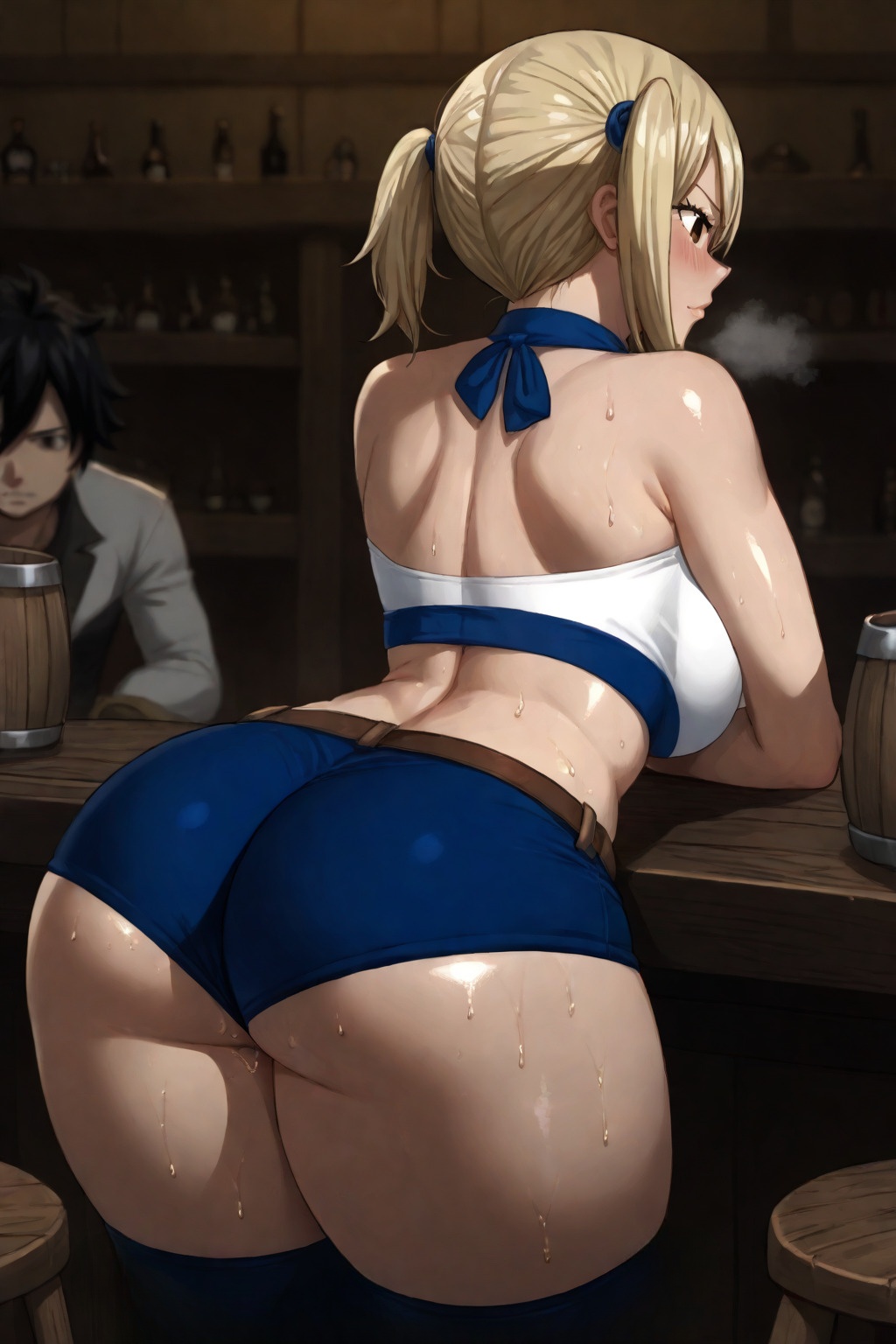 ai generated, ass, ass focus, bent over, blurry background, blush, breasts, fairy tail, female, gray fullbuster, heavy breathing, huge ass, lucy heartfilia, medium breasts, perfect body, shiny skin, steam, stockings, sweat, tavern