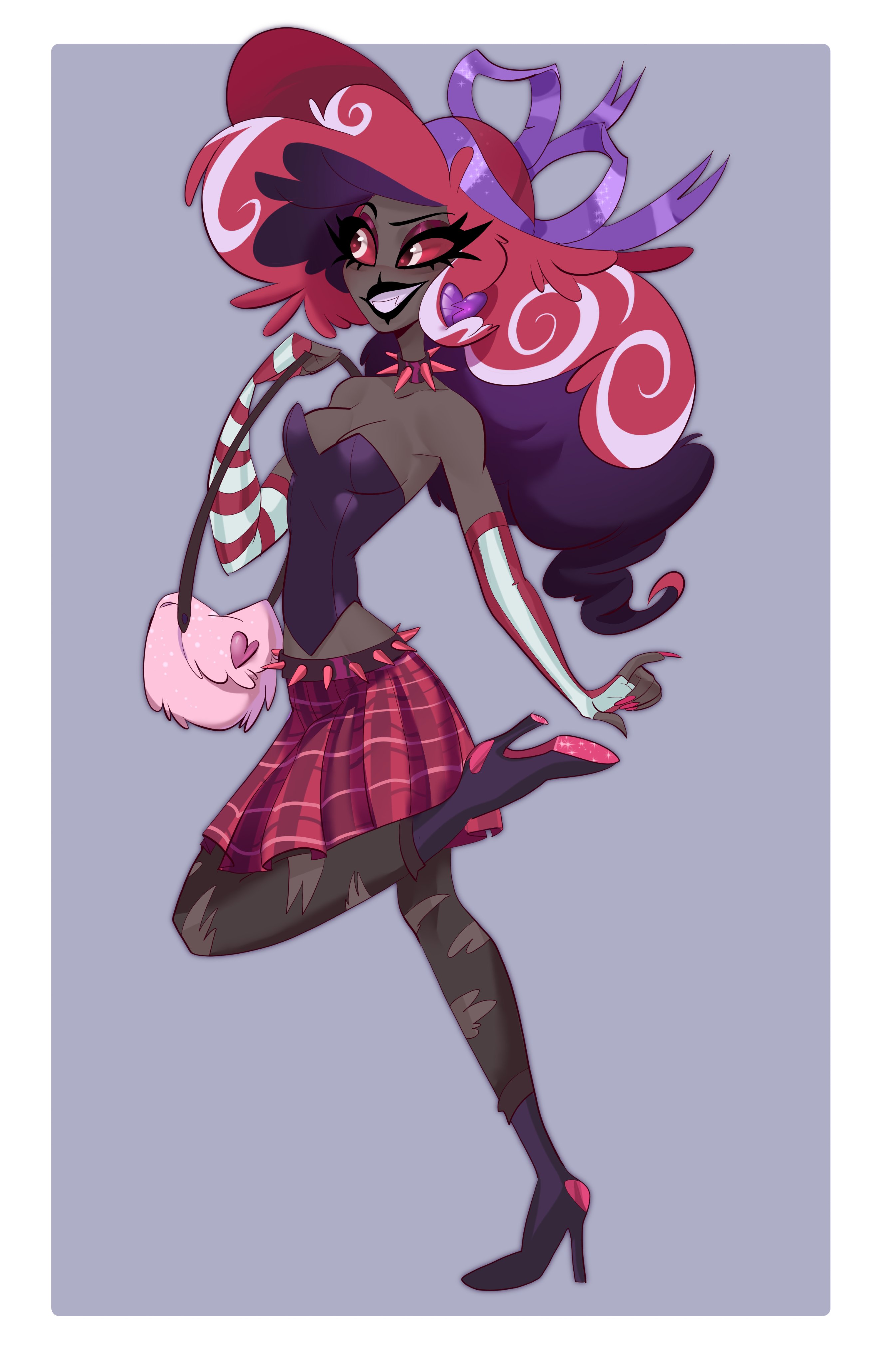 cleavage, corset, dark skin, dark-skinned female, demon, demon girl, female, fully clothed, hazbin hotel, high heels, red eyes, red hair, ripped clothing, ripped leggings, ripped pants, ripped pantyhose, skirt, strawberry cat, velvette