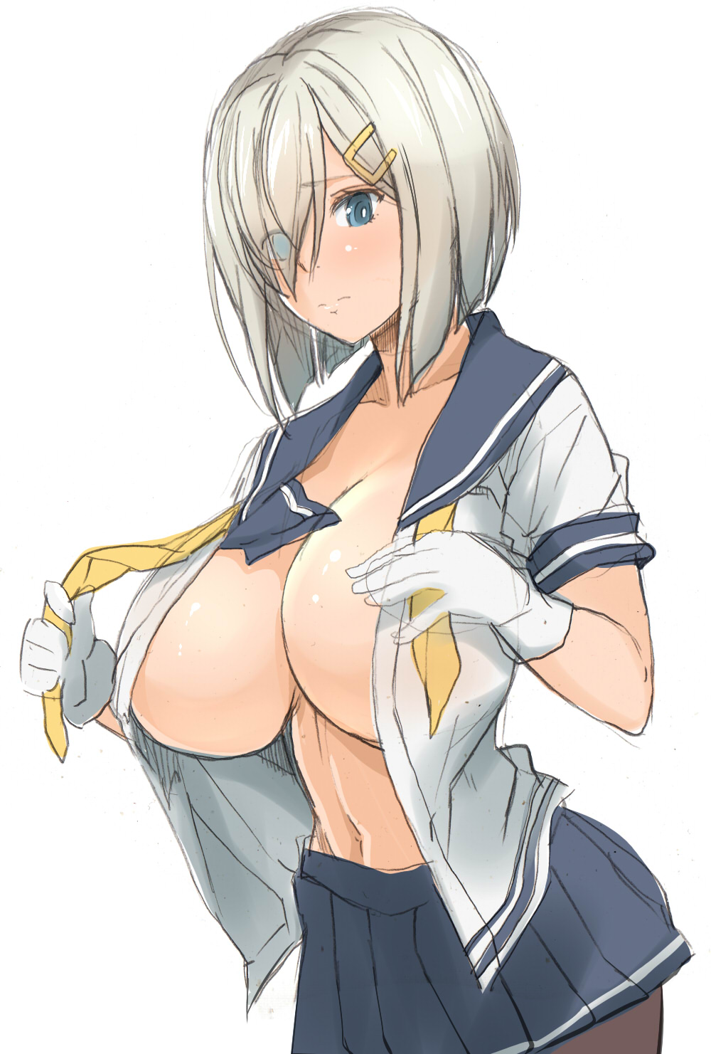 black legwear, blue eyes, breasts, female, gloves, hair ornament, hair over one eye, hairclip, hamakaze (kantai collection), highres, huge breasts, kantai collection, kloah, no bra, personification, school uniform, short hair, silver hair, skirt, solo, undressing, white background, white gloves