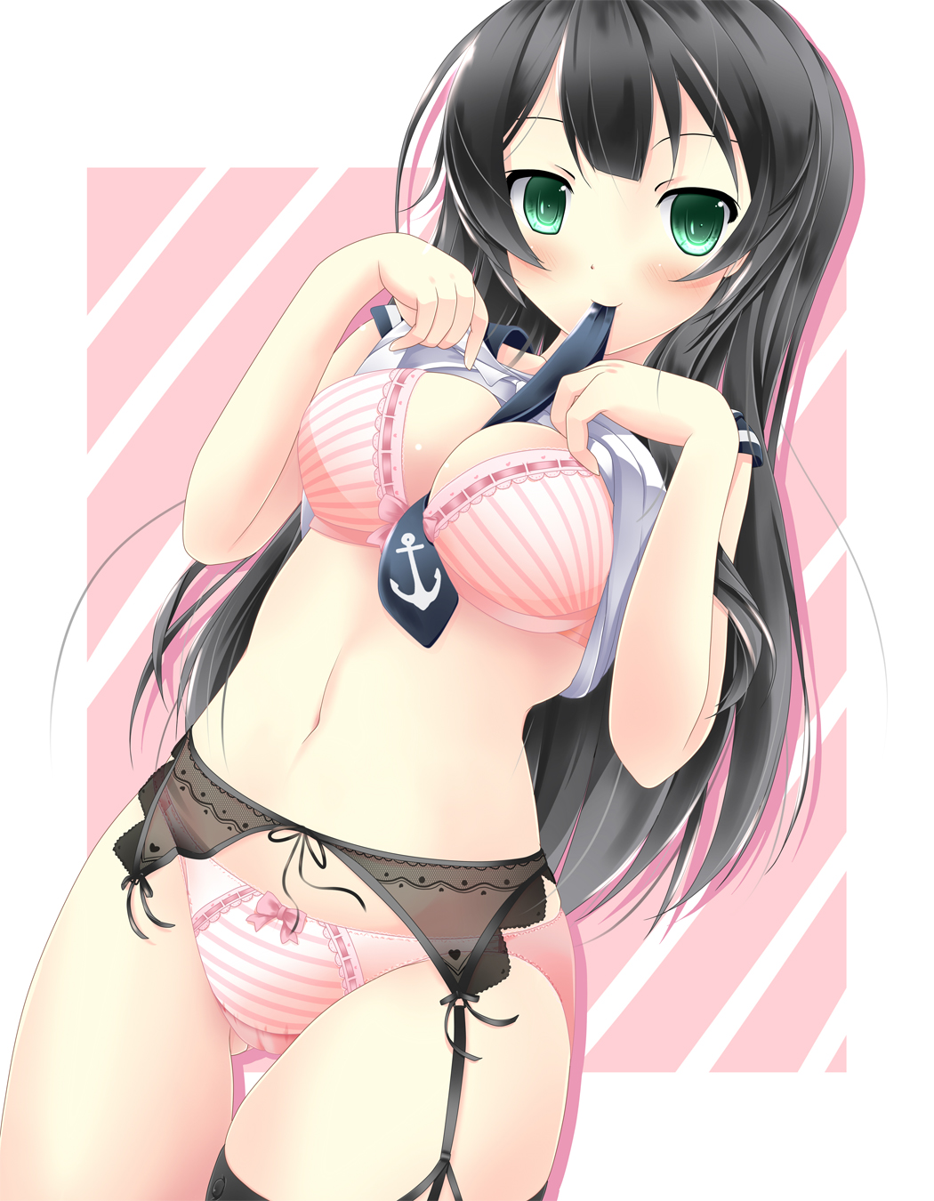 agano_(kantai_collection) akairo_no_mako between_breasts black_hair blush bow bow_bra bow_panties bra breasts cleavage female garter_belt garter_straps green_eyes highres kantai_collection large_breasts long_hair looking_at_viewer mouth_hold navel necktie necktie_between_breasts panties personification pink_bra pink_panties school_uniform shirt_lift smile solo striped striped_bra striped_panties thighhighs underwear