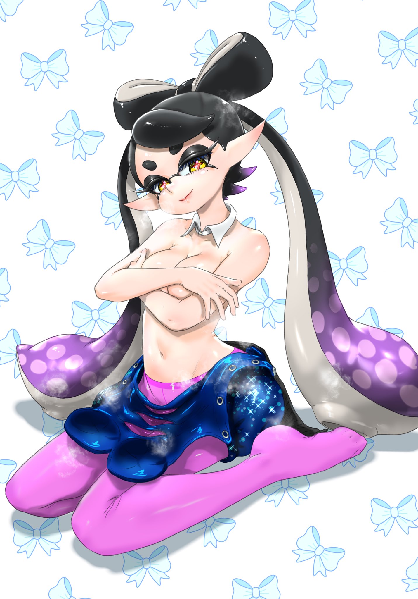 1girls breasts callie_(splatoon) cleavage clothes_pull collar covering covering_breasts kneeling koharuno2 long_hair looking_at_viewer navel no_bra panties panties_under_pantyhose pantyhose pink_pantyhose pointy_ears solo solo_female solo_focus splatoon splatoon_(series) tentacle tentacle_hair underwear