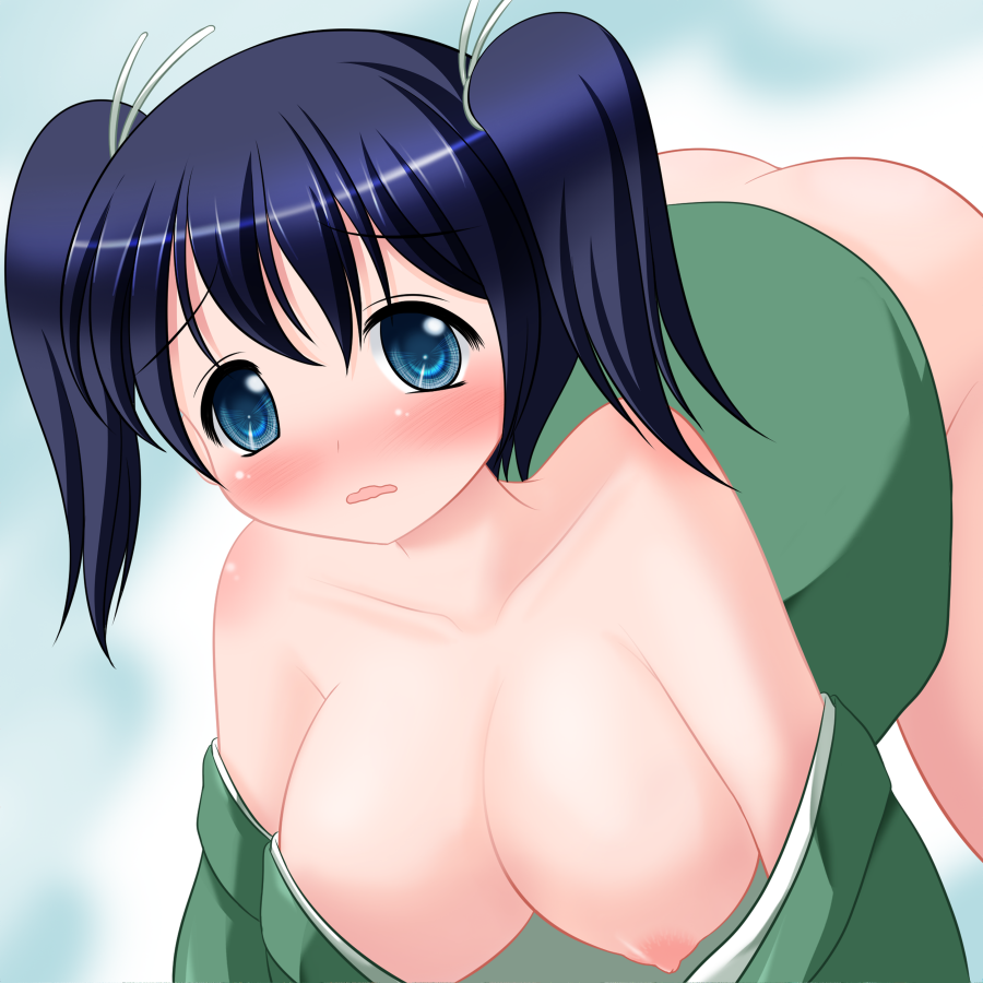 blue_eyes blue_hair blush bottomless breasts female hair_ribbon kantai_collection large_breasts looking_at_viewer off_shoulder open_mouth personification ribbon riku_(rikkuru) solo souryuu_(kantai_collection) tied_hair twintails