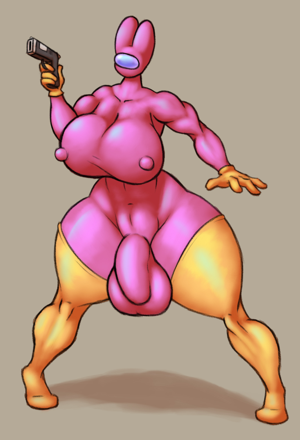 4_fingers anthro astronaut astronaut_suit balls big_breasts breasts clothing fingers futanari genitals gun hi_res huge_breasts intersex jovi_cap lagomorph leporid mammal nipples original_character penis pink_clothing pink_suit rabbit ranged_weapon solo suit weapon