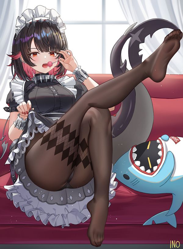 1girls artist_request ass bangboo_(zenless_zone_zero) black_hair black_panties ellen_joe feet feet_focus flashing lollipop looking_at_viewer maid maid_headdress maid_uniform no_shoes panties panties_under_pantyhose pantyhose piercing red_eyes shark_girl shark_tail sharkboo_(zenless_zone_zero) sharp_teeth sitting tagme upskirt zenless_zone_zero