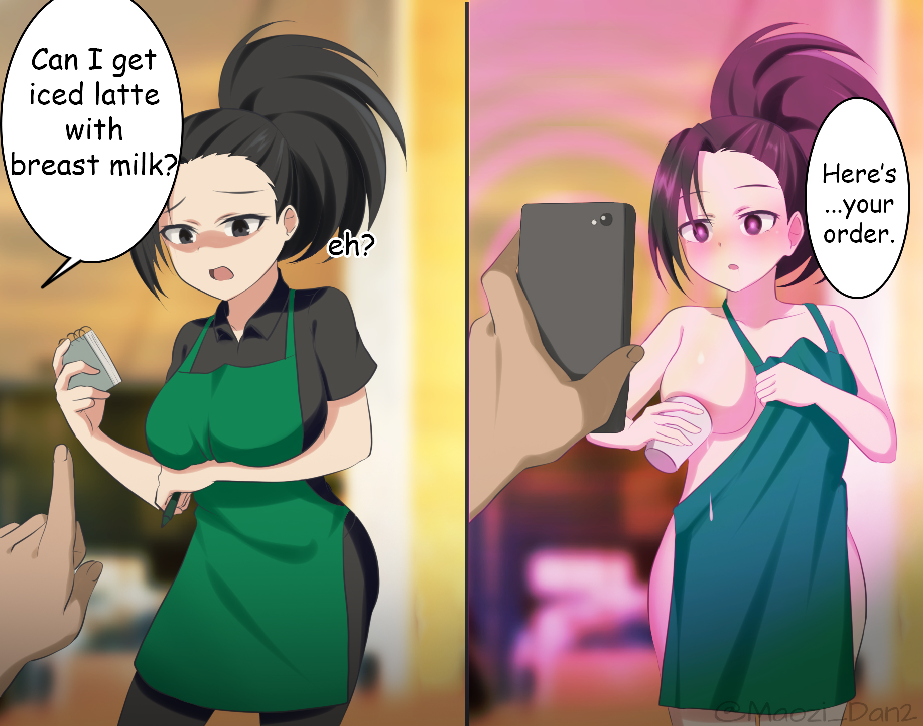 apron, apron only, barista, big breasts, black hair, breasts, busty, clothing, comic, electronics, fast food, female, female focus, forced exposure, hourglass figure, hypno-screen, hypnosis, iced latte with breast milk, lactating, lactation, long hair, maozi dan, meme, mind control, momo yaoyorozu, my hero academia, outerwear, phone, speech bubble, standing, tagme, text, undressed, undressing, uniform, waitress, waitress uniform, wide hips