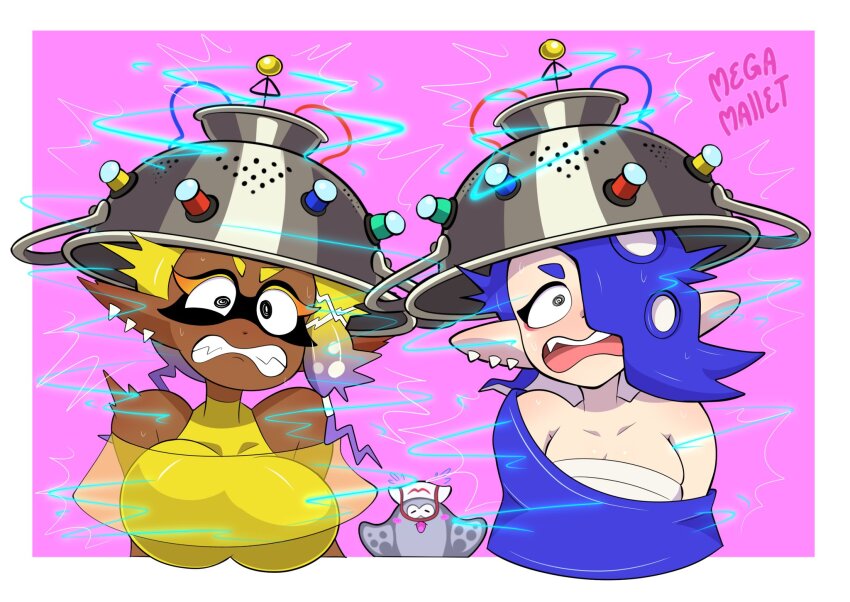 2girls antenna bare_shoulders before_and_after big_man_(splatoon) blonde_hair blue_hair breasts collarbone dark_skin electricity elf_ears femsub frye_(splatoon) helmet inkling large_breasts light_skin megamallet mind_control multiple_girls multiple_subs nintendo octoling open_mouth resisting shiver_(splatoon) signature simple_background splatoon splatoon_(series) splatoon_3 tech_control wires