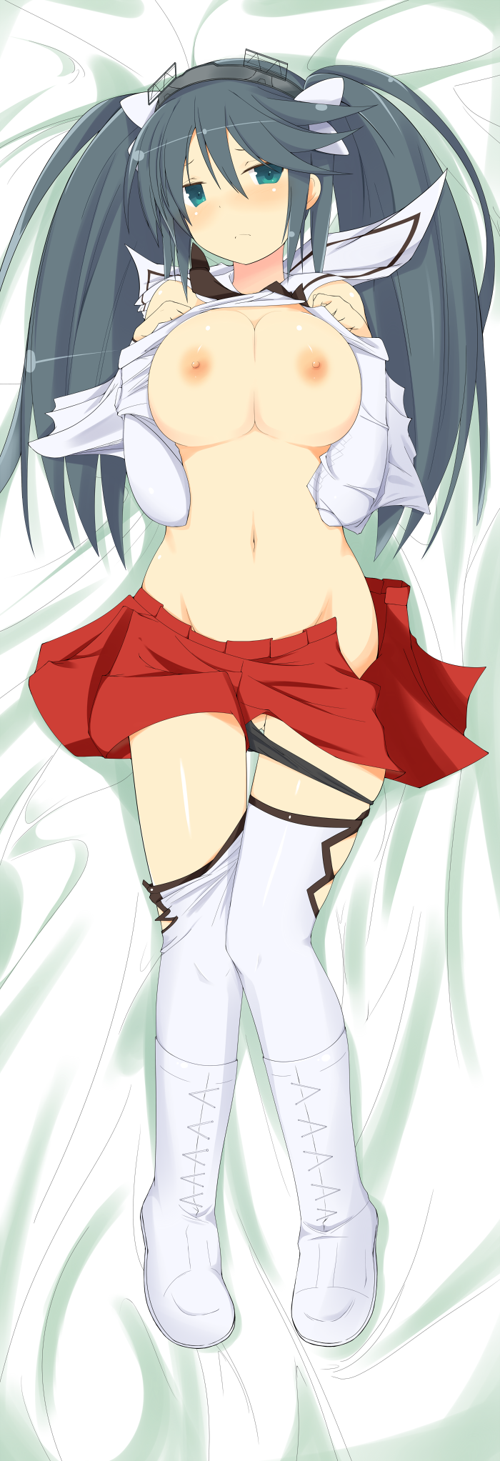 bed_sheet blush boots breasts dakimakura female green_eyes green_hair hair_ornament hair_ribbon hairband highres isuzu_(kantai_collection) kantai_collection kyuchan large_breasts long_hair navel nipples ribbon shirt_lift skirt solo thigh_boots thighhighs white_legwear