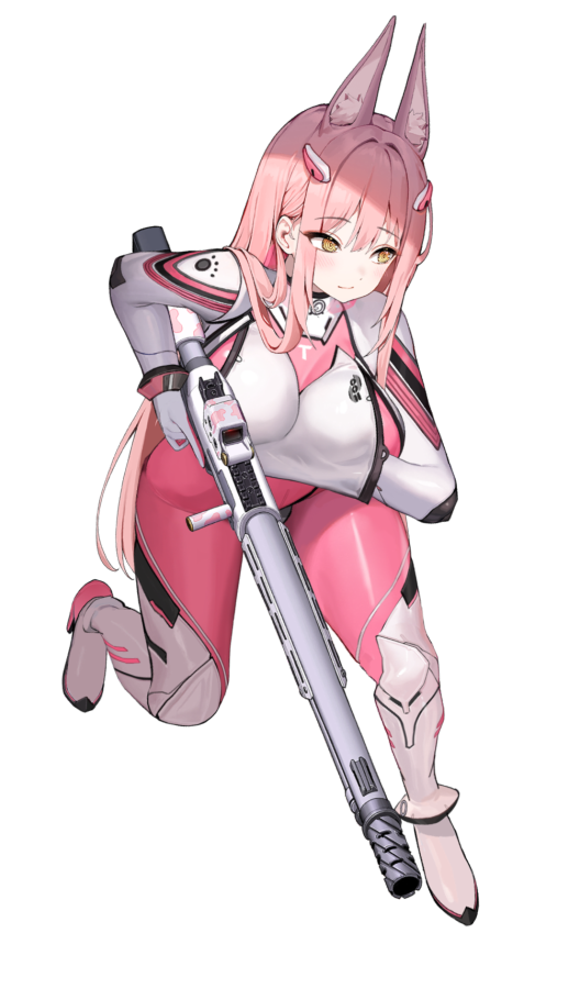 animal_ears blush bodysuit collaboration game_cg goddess_of_victory:_nikke gun high_heels huge_breasts large_breasts legs leona_(nikke) leona_(zookeeper)_(nikke) long_hair official_art pink_hair plugsuit skin_tight thick_thighs thighs transparent_background weapon yellow_eyes