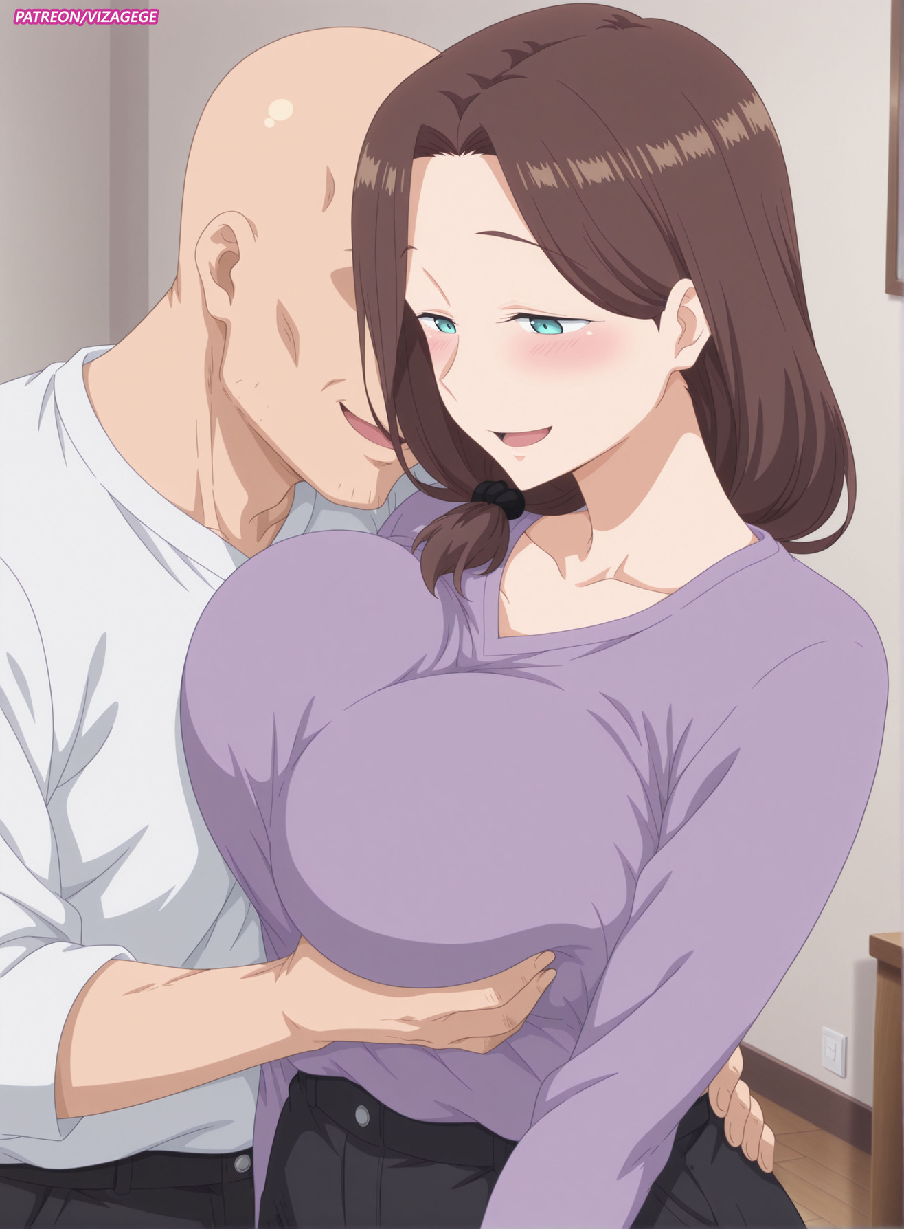 1boy, 1girls, ai generated, ai-chan's mother (tawawa), apartment, bald, bald male, before sex, big breasts, blonde hair, blue eyes, blush, breast focus, breast press, breasts, breasts bigger than head, busty, cheating, cheating wife, clothing, duo focus, faceless male, facing viewer, female, female focus, front view, fully clothed, getsuyoubi no tawawa, grabbing breasts, groping, groping breasts, hair over shoulder, hair scrunchie, high resolution, hourglass figure, hourglass figured female, housewife, huge breasts, imminent sex, indoors, living room, long hair, long sleeve shirt, long sleeves, low ponytail, male, mature, mature female, mature woman, milf, mommy, mother, netorare, ntr, oppai, patreon username, ponytail, purple shirt, shirt, side ponytail, smile, tied hair, top heavy, top heavy breasts, uncensored, unseen male face, url, v-neck, vizagege, voluptuous, voluptuous body, voluptuous female, voluptuous milf, watermark, web address