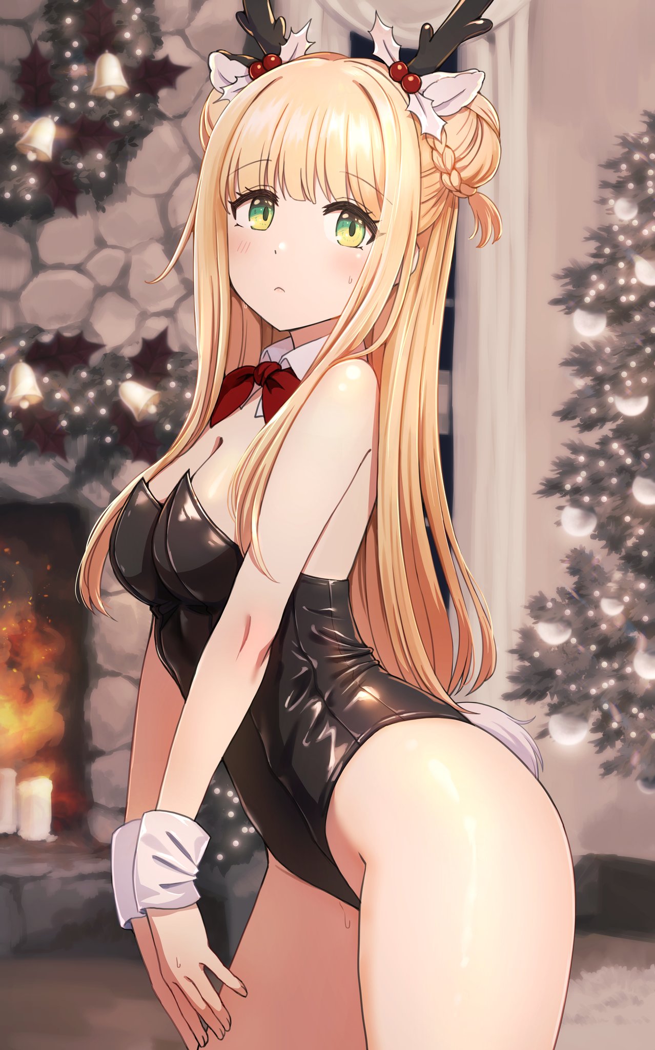 bbb3y1 breasts bunnysuit christmas christmas_tree d4dj fireplace fukushima_noa indoors reindeer_antlers sweat