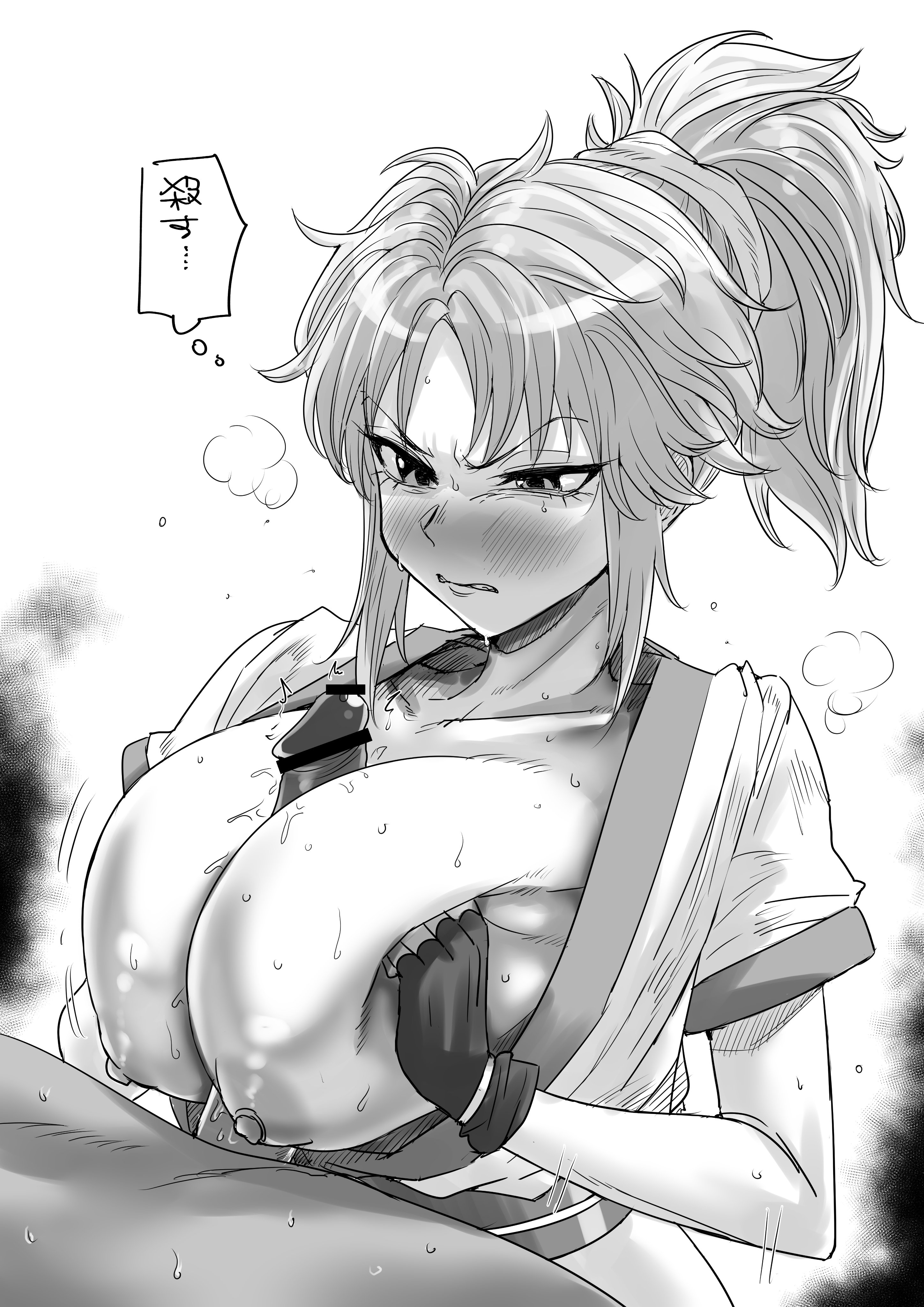1boy, 1girls, alternate breast size, angry, angry sex, areolae, big breasts, black and white, blush, breasts, cleavage, dubious consent, english translation, female, gritted teeth, huge breasts, hunter x hunter, kaiman garupan, large breasts, machi komacine, male, monochrome, notes translation, paizuri, paizuri on lap, questionable consent, straight, titjob, translated, twitching penis