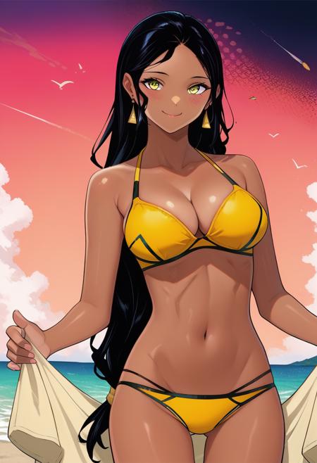 ai_generated beach beach_towel bikini black_hair cleavage dark-skinned_female indian indian_female lowres mato_seihei_no_slave prachi_sherawat tagme