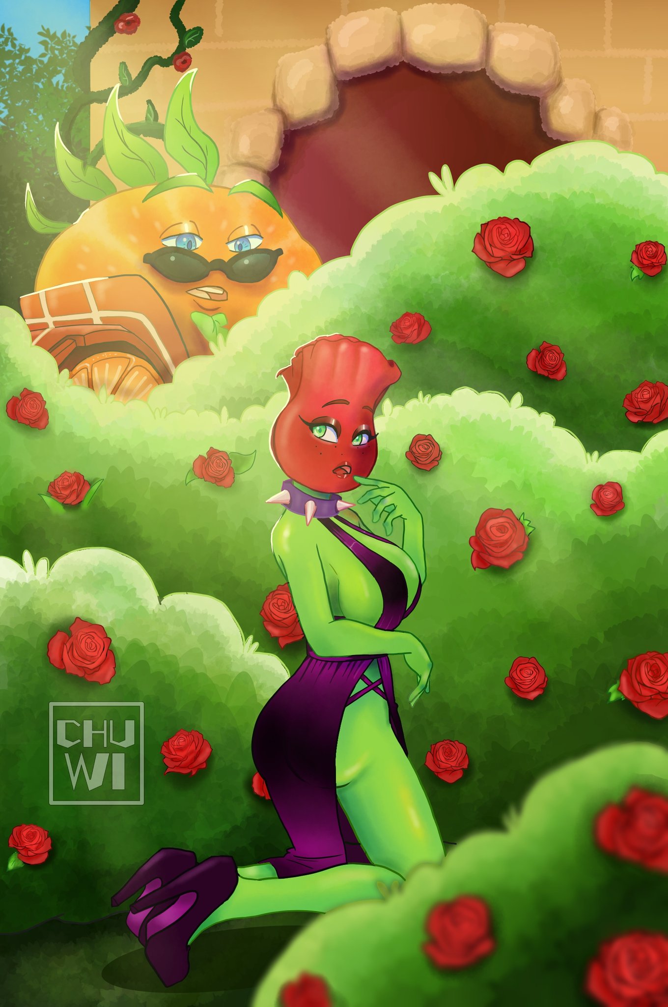 1boy 1boy1girl 1girls ass breasts citron_(pvz) clothed crocs female female flora_fauna fully_clothed milf plan plant_girl plant_humanoid plantie plants_vs_zombies rose_(pvz) the_chuwi