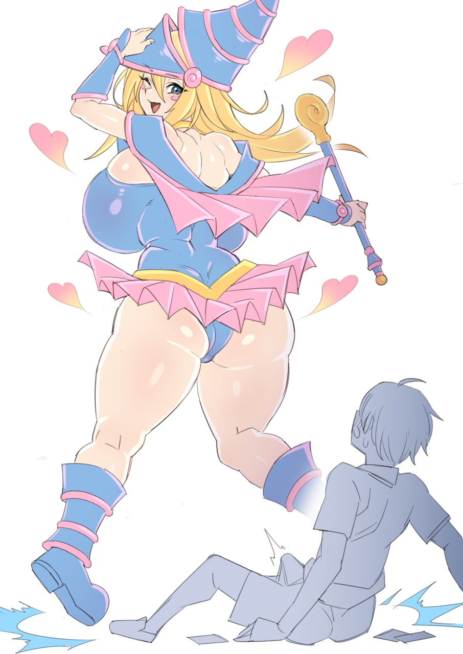 1boy aba_rano ass blonde_hair blush clothing dark_magician_girl duel_monster erect_penis female floating green_eyes happy huge_breasts looking_back looking_up magician_hat one_closed_eyes rear_view short_skirt smile summoning surprised yu-gi-oh!