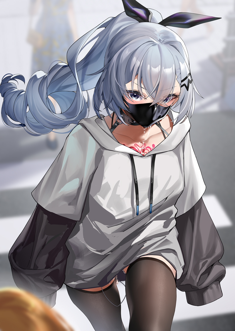 chest_tattoo female ginklaga grey_eyes grey_hair grey_shirt hair_ornament hair_ribbon hairclip honkai:_star_rail honkai_(series) long_hair looking_at_viewer mask mouth_mask ponytail ribbon saliva_drip shirt silver_wolf_(honkai:_star_rail) solo_focus stealth_bondage tattoo thighhighs