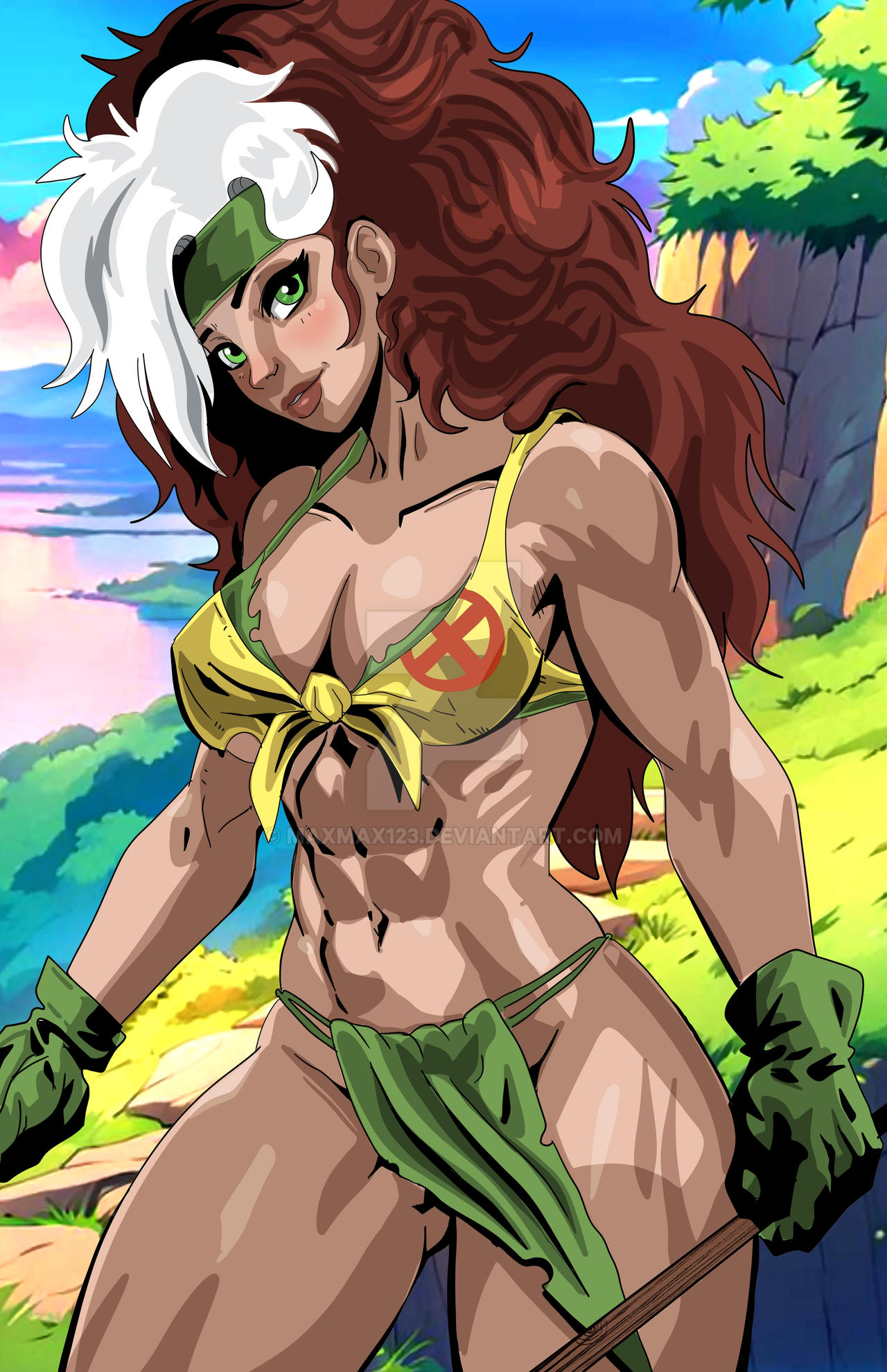 abs anna_marie big_hair bikini black_hair blush breasts brown_hair cleavage clothing dark-skinned_female dark_skin dyed_bangs female female female_only front-tie_bikini_top front-tie_top gloves green_eyes green_gloves headband large_breasts lips long_hair looking_at_viewer marvel marvel_comics maxmax123 medium_breasts midriff multicolored_hair muscle muscular_female navel outdoors rogue_(x-men) savage_land sky smile solo swimsuit thighs toned two-tone_hair white_hair x-men