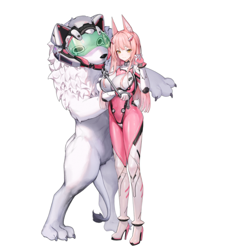 animal_ears bodysuit bunny_ears bunny_tail collaboration full_body game_cg goddess_of_victory:_nikke high_heels huge_breasts large_breasts legs leona_(nikke) leona_(zookeeper)_(nikke) lion long_hair long_legs official_art pink_hair plugsuit skin_tight tail taller_girl thick_thighs thighs tight_clothing timi_(nikke) transparent_background yellow_eyes