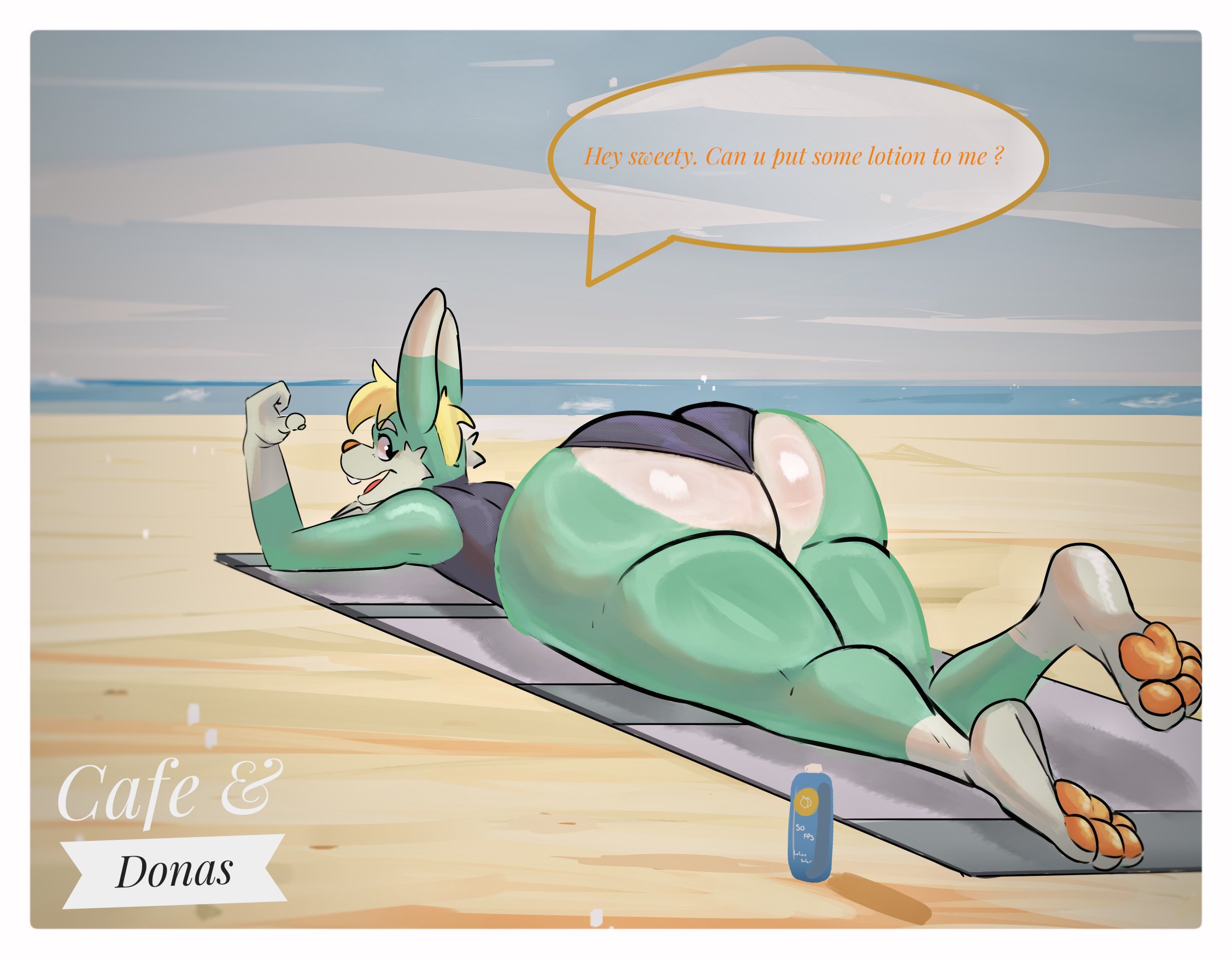 animal crossing, anthro, ass, beach, big butt, blonde hair, cafe ydonas, dialogue, english text, femboy, hair, hi res, huge butt, lagomorph, leporid, looking back, lying, male, mammal, nintendo, on front, open mouth, pawpads, paws, pillow shading, rabbit, sand, sasha (animal crossing), seaside, solo, speech bubble, text, water