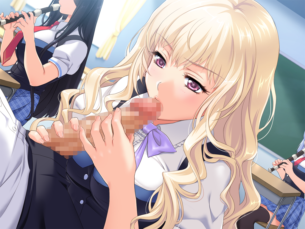 1boy 3girls black_hair black_legwear blonde_hair breasts censored chair chalkboard classroom desk exhibitionism fellatio flute game_cg highres large_breasts legs long_hair mochizuki_nozomu multiple_girls ole-m oral penis penis_kiss pink_eyes public saimin_class school_uniform sitting thighs