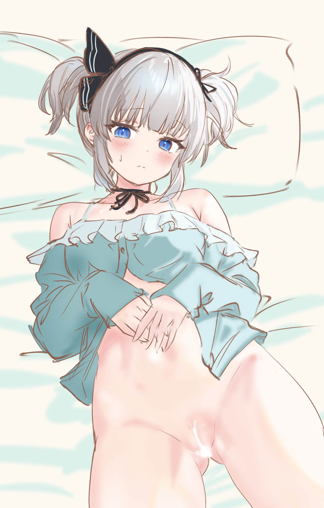 alternate_costume alternate_hairstyle aqua_shirt ass_visible_through_thighs black_hairband black_ribbon blue_eyes blunt_bangs bow_hairband dot_nose female frilled_shirt frills furrowed_brow grey_hair hairband hand_on_own_stomach head_on_pillow highres konpaku_youmu light_blush light_censor light_frown looking_at_viewer lying naked_shirt navel neck_ribbon off-shoulder_shirt off_shoulder on_back on_bed partially_unbuttoned pussy ribbon shirt short_hair sidelocks sleeves_past_wrists soara_shimomo solo spaghetti_strap sweatdrop touhou twintails