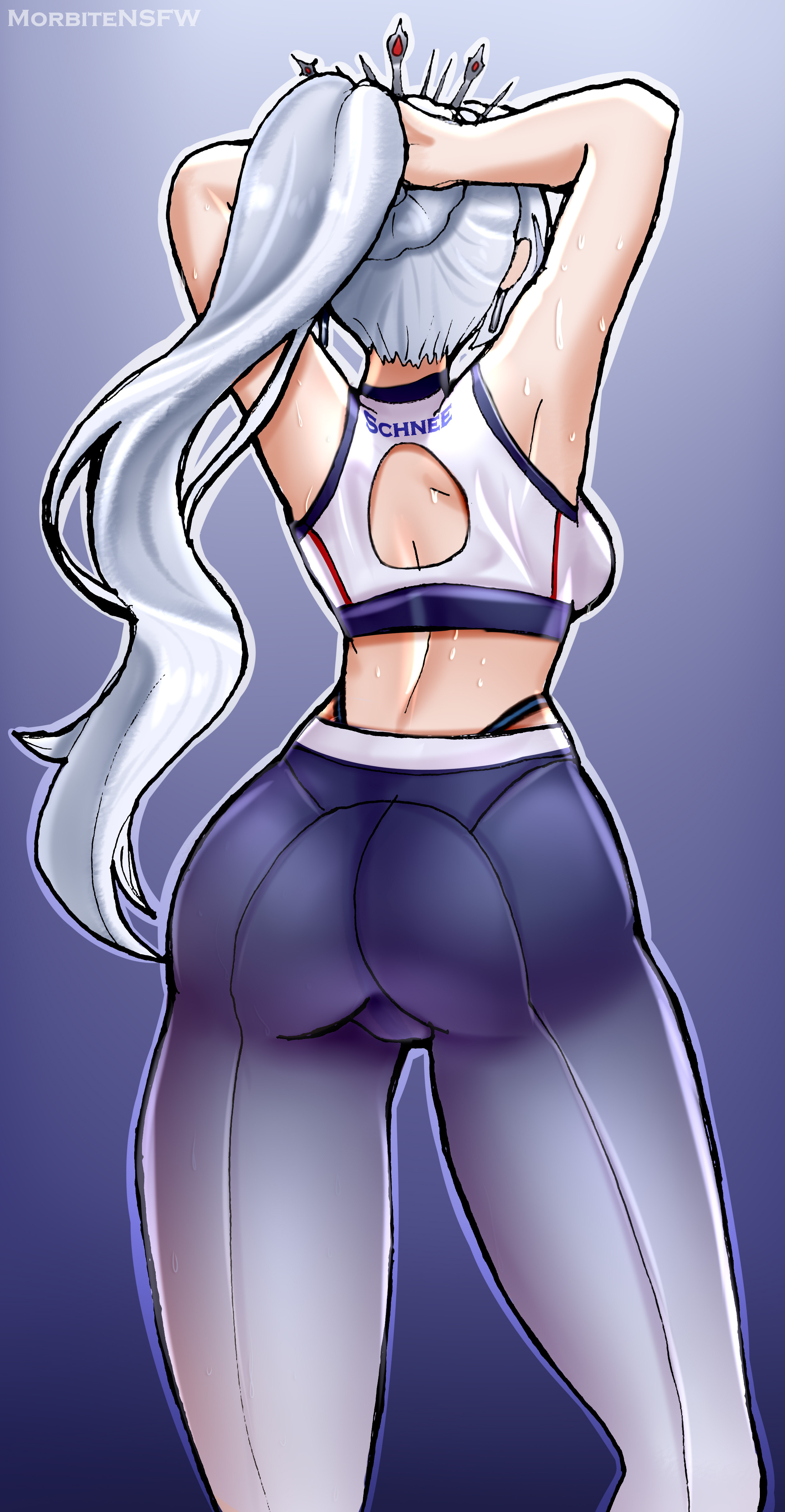 1girls, adjusting hair, alternate version available, ass, ass focus, back, back view, backboob, big ass, big breasts, blue pants, bottomwear, breasts, female, female only, hair, headwear, huge ass, legs, light skin, light-skinned female, morbite, pants, ponytail, rwby, solo, solo female, sports bra, sports uniform, sportswear, sweat, sweatdrop, thighs, topwear, weiss schnee, white hair