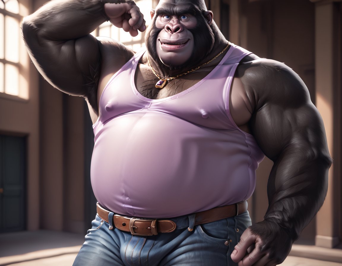 1boy abs ai_generated anthro armpit_hair armpits bara big_belly big_daddy_(sing) big_muscles big_nipples big_pecs black_fur booster_rex bulge chain_necklace chest_hair daddy dilf erect_nipples fat fat_man gay gorilla hair hairy hairy_male haplorhine huge_muscles huge_nipples huge_pecs hunk male male_only muscular muscular_anthro muscular_male navel nipples primate sing_(movie) solo tank_top