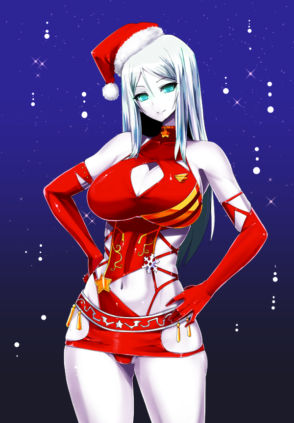 aqua_eyes breasts cleavage cleavage_cutout female hat ishimiso_(ishimura) kantai_collection large_breasts long_hair navel santa_hat shinkaisei-kan silver_hair smile solo ta-class_battleship