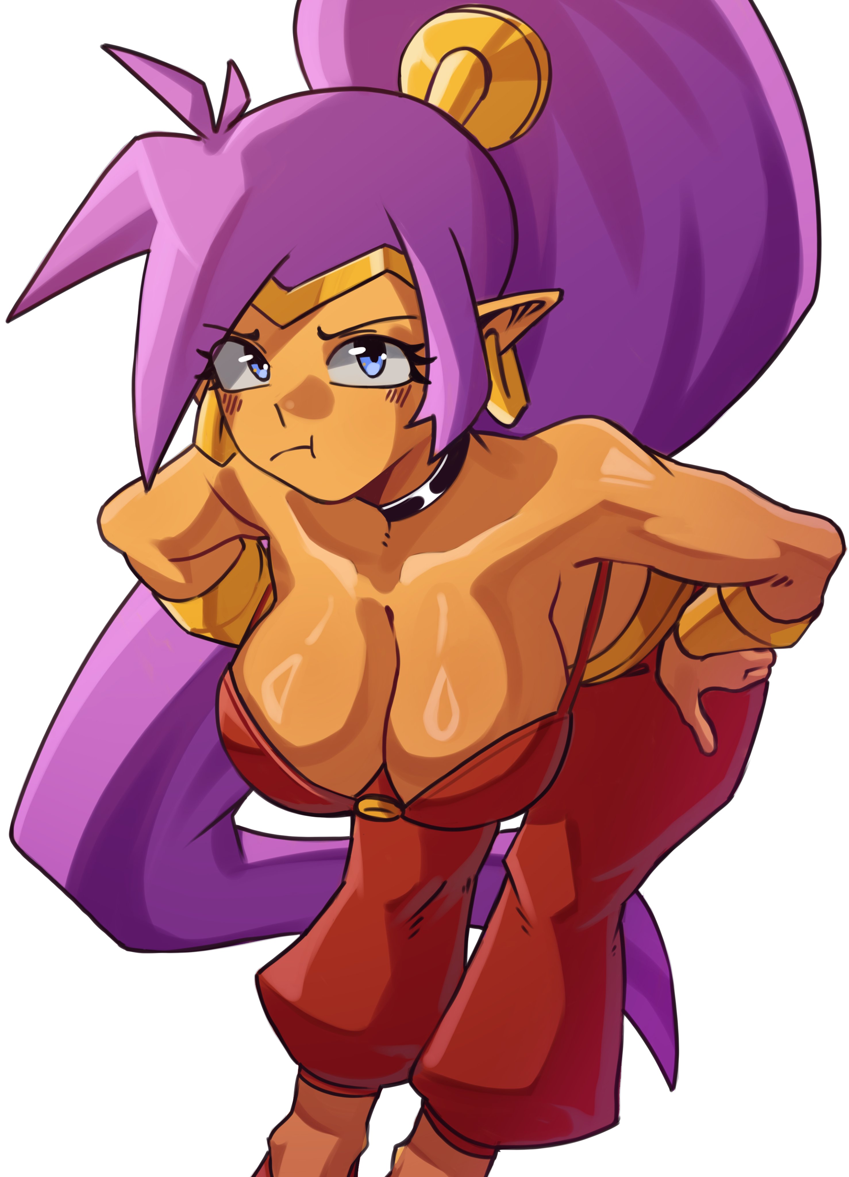 1girls, alternate breast size, bending over, big breasts, breasts, cleavage, female, female focus, female only, genie, genie girl, hanging breasts, large breasts, moxydrawsmore, pout, shantae, shantae (character), solo, wayforward