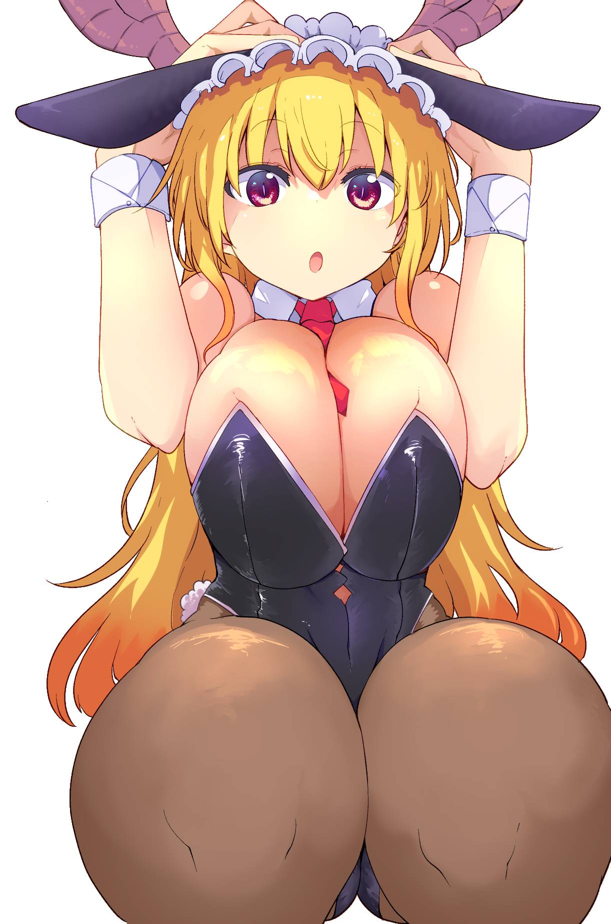 1girls blonde_hair breasts bunny_ears bunnysuit cleavage cool-kyou_shinja dragon_humanoid female horns kneeling large_breasts long_hair looking_at_viewer miss_kobayashi's_dragon_maid open_mouth solo thick_thighs tohru_(dragon_maid) white_background