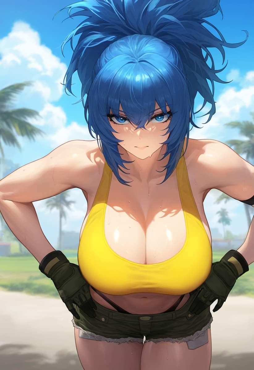 ai_generated beach bending_forward big_breasts blue_eyes blue_hair clothed clouds female gloves huge_breasts king_of_fighters leona_heidern long_hair looking_at_viewer military ponytail pov shorts sweating tank_top thong topwear yellow_tank_top yellow_topwear