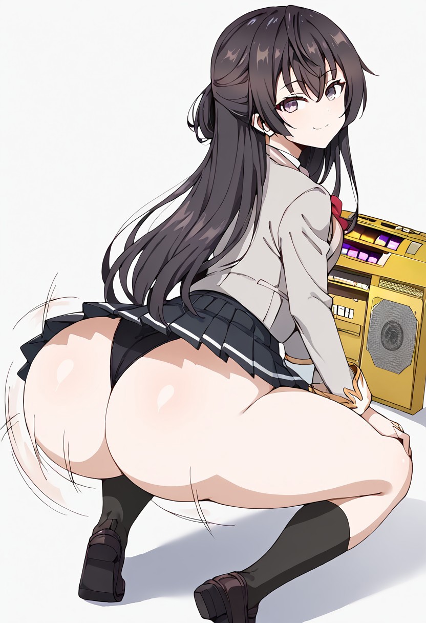 1girls ai_generated ass ass_shake black_panties black_skirt black_socks black_vest boombox bouncing_ass cropped_jacket dekutree10 gold_boombox_(prevence) grey_jacket long_hair long_sleeves looking_at_viewer looking_back panties pleated_skirt red_bow red_bowtie school_uniform seiren_academy_school_uniform shirt shoes simple_background skirt socks solo suou_yuki tokidoki_bosotto_russian_de_dereru_tonari_no_alya-san twerk twerking uniform upskirt white_background