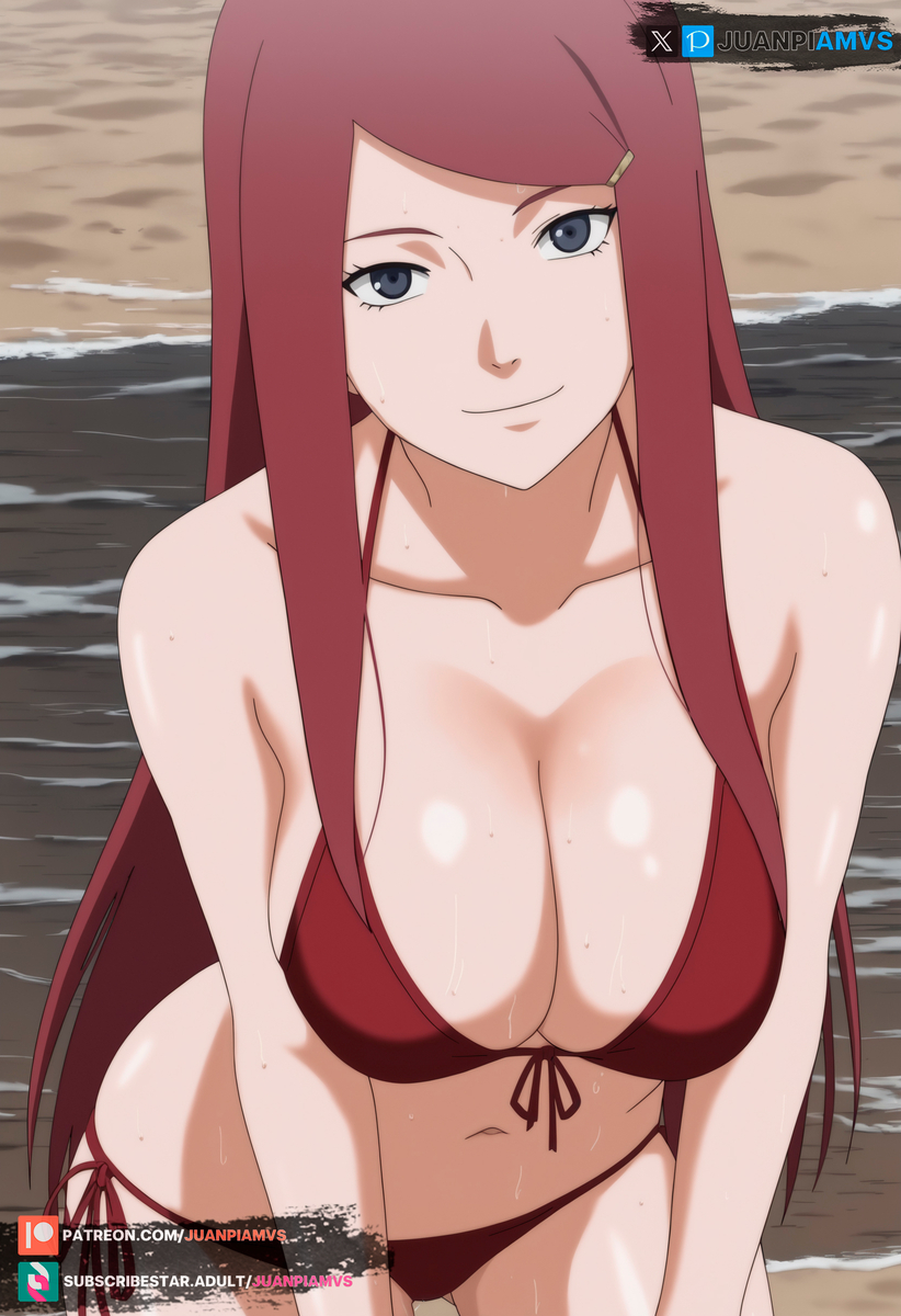 ai_generated beach big_ass big_breasts bikini blue_eyes curvy curvy_figure female juanpiamvs kushina_uzumaki long_hair looking_at_viewer naruto naruto_(series) naruto_shippuden patreon patreon_username red_bikini red_hair smiling standing subscribestar subscribestar_username uzumaki_kushina watermark